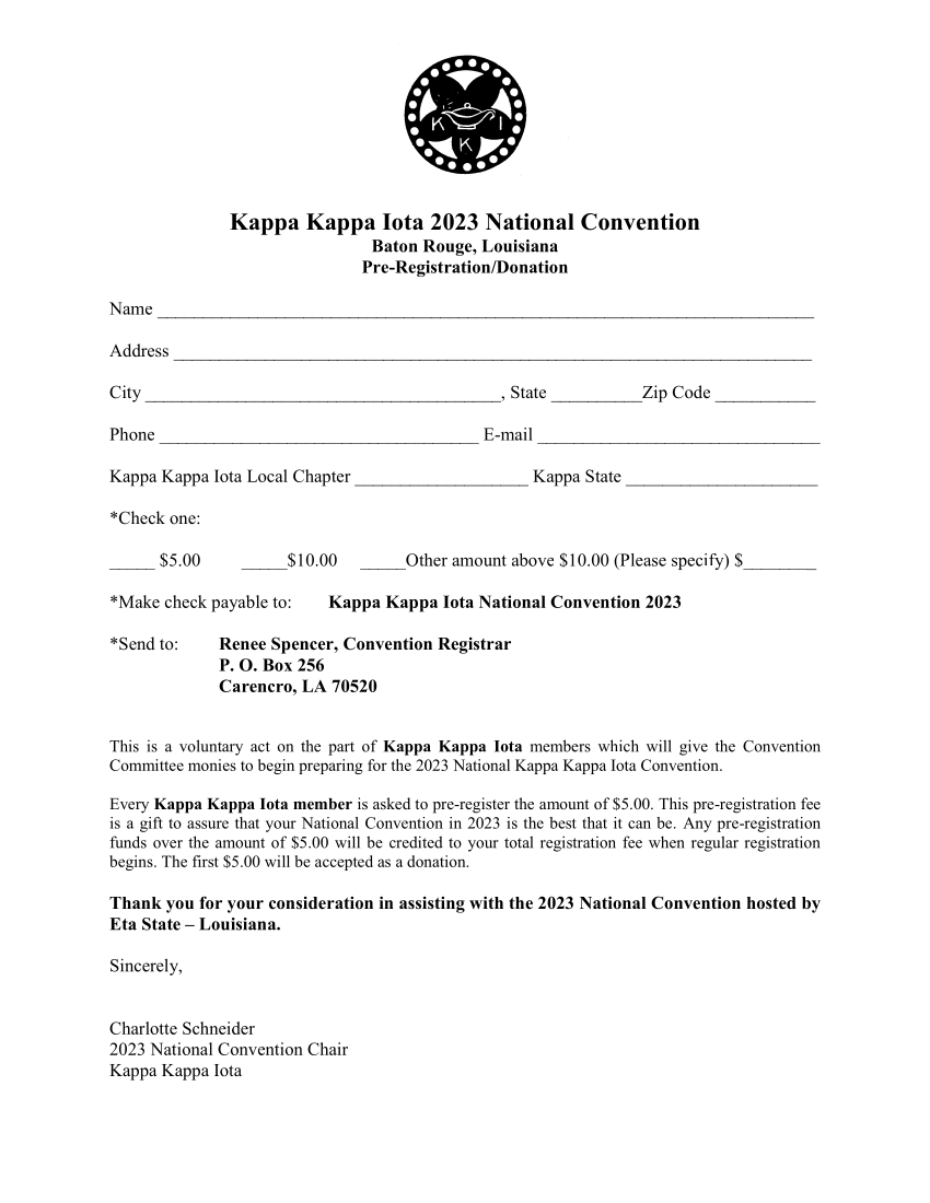 Pre-Registration Form for Kappa National Convention